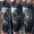Portrait style colored arm tattoo of very detailed old pirate