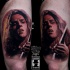 Portrait style colored thigh tattoo of famous guitar player