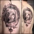 Portrait style detailed shoulder tattoo of sad dog face