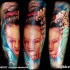 Pretty Asian Geisha severed head with bloody tears colored sleeve tattoo