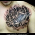 Real car engine like black and white chest tattoo