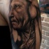 Realism style black and white shoulder tattoo of old Indian