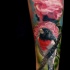 Realism style colored arm tattoo fo beautiful bird with pink flowers