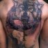 Realism style colored back tattoo of incredible looking evil werewolf