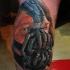 Realismus Stil farbiges Bein Tattoo mit Batman Banes Porträt