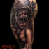 Realism style colored shoulder tattoo of woman with mask