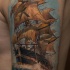 Realism style colored shoulder tattoo of very detailed sailing ship