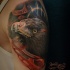 Realism style colored shoulder tattoo of eagle head