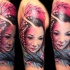 Realism style colored shoulder tattoo of geisha with blooming tree