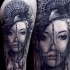 Realism style colored tattoo of pierced woman with crow