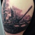 Realism style colored thigh tattoo of modern tank