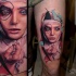 Realism style colored thigh tattoo of incredible nurse with cross