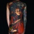 Realism style colored whole back tattoo of creepy woman with axe and wolf with old lighter