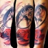 Realism style detailed arm tattoo of old clock with red rose