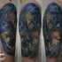 Realism style detailed shoulder tattoo of Bobba Fett