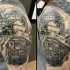 Realism style New York themed black and white shoulder tattoo of city train and globe statue