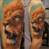Realism style very detailed shoulder tattoo of roaring lion