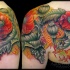 Rote Mohn mit Chip Schema buntes originales Schulterblatt  Tattoo