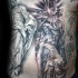Religious style colored belly tattoo of angels and pigeon