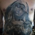 Religious style colored chest and belly tattoo of praying woman in hood