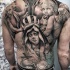 Religious style large black and white angel statues tattoo on back