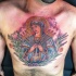 Religious themed colored chest tattoo of saint woman with leaves