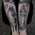 Sketch style black ink forearms tattoo of lighthouse and crow