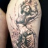 Sketch style black ink thigh tattoo of dancing woman