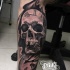 Spectacular black and gray style large leg tattoo of human skull and clock