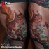 Spectacular illustrative style thigh tattoo of little squirrel with chemicals