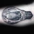 Spectacular stippling style black ink bulb tattoo stylized with fish