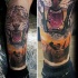 Spectacular very detailed leg tattoo of roaring white tiger with big rhino