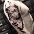 Stippling style black ink shoulder tattoo of dog head and moon