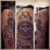 Stippling style black ink shoulder tattoo of astronaut skeleton