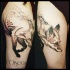 Stippling style black ink thigh tattoo of cute fox