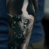 Stonework style detailed leg tattoo of Spinx cat
