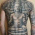 Stonework style detailed whole back tattoo of ancient statue