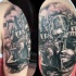 Stunning detailed black and white various ancient warriors tattoo on upper arm