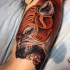 Stunning illustrative style colored arm tattoo of fantasy wolf