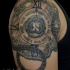 Stunning looking colored old watch tattoo on shoulder