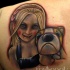 Stunning multicolored scapular tattoo of creepy girl with dog