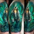 Stunning new school style shoulder tattoo of underwater diver