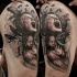 Superior colored thigh tattoo of screaming woman with girl and crows