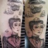 Surrealism style black ink shoulder tattoo of woman with human brains and hat