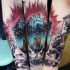 Surrealism style colored forearm tattoo of mystical human heart with vine and stairs