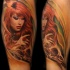 Sweet mystical colored leg tattoo of woman with birds and skull