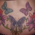Bellissimo tatuaggio colorato femminile sulla schiena le farfalle e i fiori