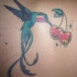 Tatuaje de un colibrí con la cola larga comiendo la cereza