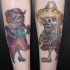 el tatuaje doblede una pareja de esqueletos mexicanos hombre y mujer muy colorados hecho en las dos piernas