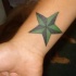 el tatuaje sencillo clasico de la estrella nautica en color verde con negro en la muñeca